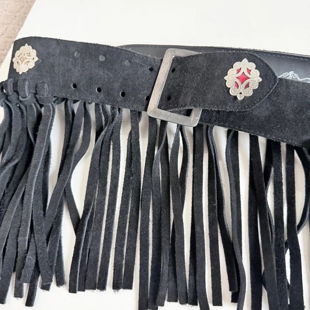 Vintage Et Vous Genuine Leather Suede Fringe Belt with Silver‎ Details